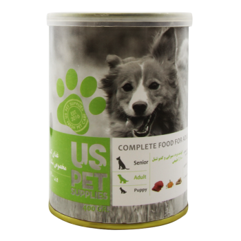 کنسرو غذای سگ یو اس پت با طعم گوشت بره و سیرابی و کدو حلوایی وزن 400 گرم