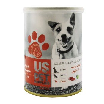 کنسرو غذای توله سگ یو اس پت با طعم گوشت گاو و سیب  وزن 400 گرم